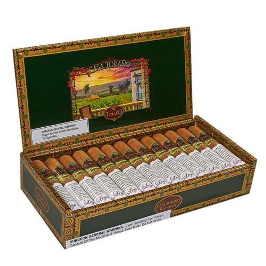 Carlos Torano Casa Torano Robusto Cigars 25Ct. Box, an open cigar box displaying neatly arranged cigars with colorful bands and a detailed interior design on the lid.