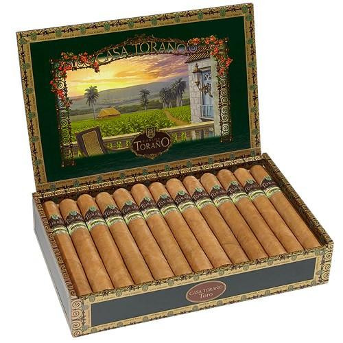 Carlos Torano Casa Torano Toro Cigars 25Ct. Box, open cigar box showcasing 25 premium cigars inside with colorful packaging and scenic landscape artwork on the lid.