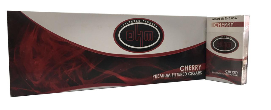 OHM Filtered Cigars Cherry 10/20 Carton, a box of cherry-flavored filtered cigars with a sleek red and white design.