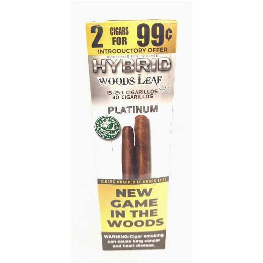 Hybrid Woods Leaf Platinum Cigars 15/2 Ct, promotional cigar package featuring two cigars wrapped in wood leaf with an introductory offer of 2 for 99 cents.
