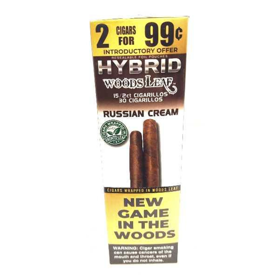Hybrid Woods Leaf Russian Cream Cigars 15/2 Ct, product packaging with a promotional offer at 99 cents for two cigars, featuring images of two cigars on a yellow and brown background.