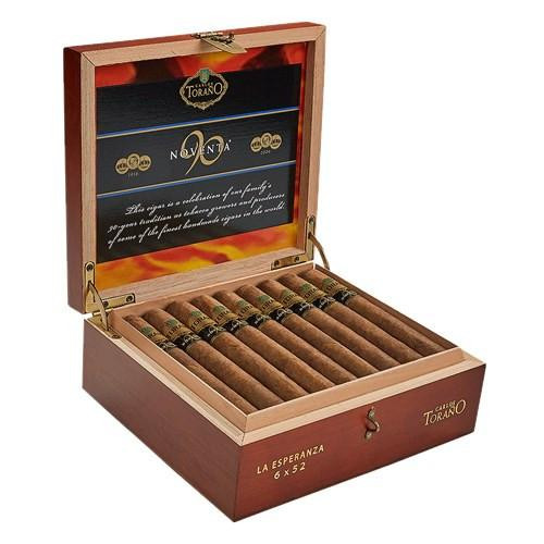 Carlos Torano Noventa La Esperanza Cigars 25Ct. Box, an open wooden cigar box displaying 25 cigars with a black and gold inside lid design.