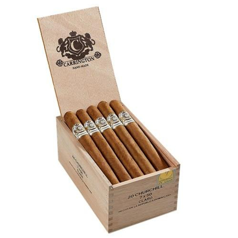 Carrington Churchill Cigars 20 Ct. Box, wooden cigar box with 20 cigars inside, featuring silver and white bands.