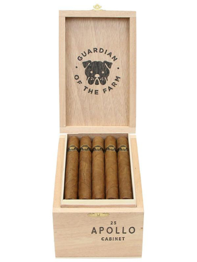 Guardian of the Farm Apollo Cigars 25 Ct. Box, wooden cigar box containing 25 cigars with Guardian of the Farm logo on the lid.