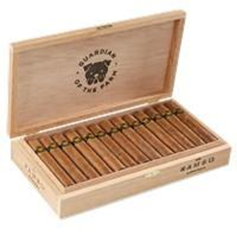 Guardian of the Farm Rambo Cigars 25Ct. Box, image of a wooden cigar box containing 25 cigars neatly arranged inside.