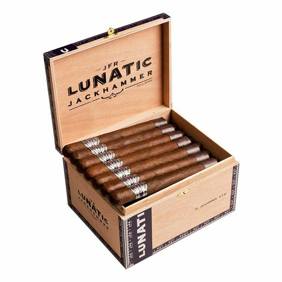 Casa Fernandez JFR Lunatic Maduro Jackhammer Cigars 35Ct. Box, opened wooden cigar box containing 35 cigars with dark Maduro wrapper and silver band.