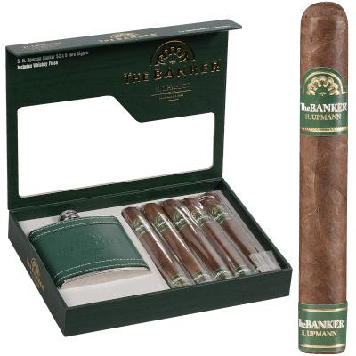 Altadis H. Upmann The Banker Cigars Gift Set With Flask, a luxurious cigar gift set including five cigars, a flask, all housed in an elegant green box.