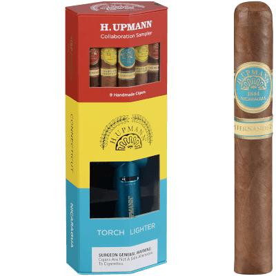 Altadis H. Upmann Cigars Collaboration Gift Set With Torch Lighter, box containing 9 handmade cigars with colorful packaging and a blue torch lighter included, alongside a single H. Upmann cigar standing upright.