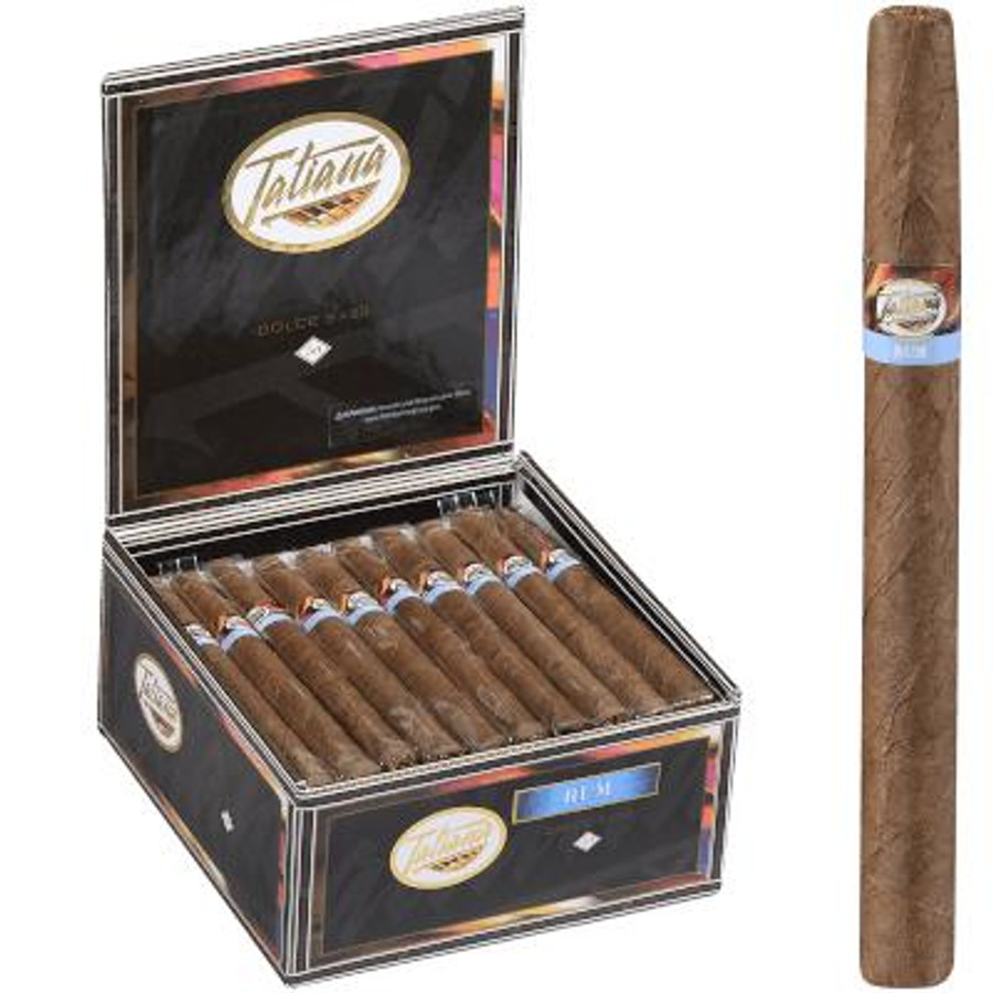 Tatiana Dolce Rum Cigars 50 Ct. Box, open cigar box showcasing evenly packed cigars inside and one cigar standing upright beside the box.