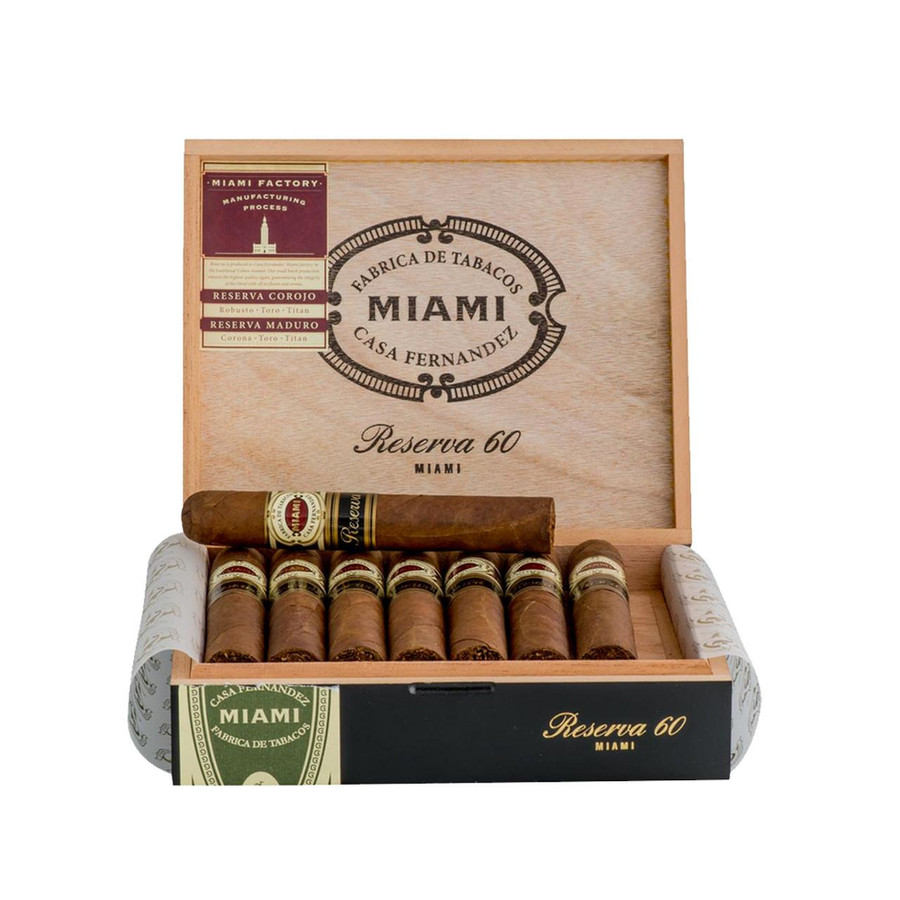 Casa Fernandez Miami Reserva Titan Cigars 15Ct. Box, open wooden cigar box with 15 cigars and a single cigar resting on top, inside display of premium cigars.