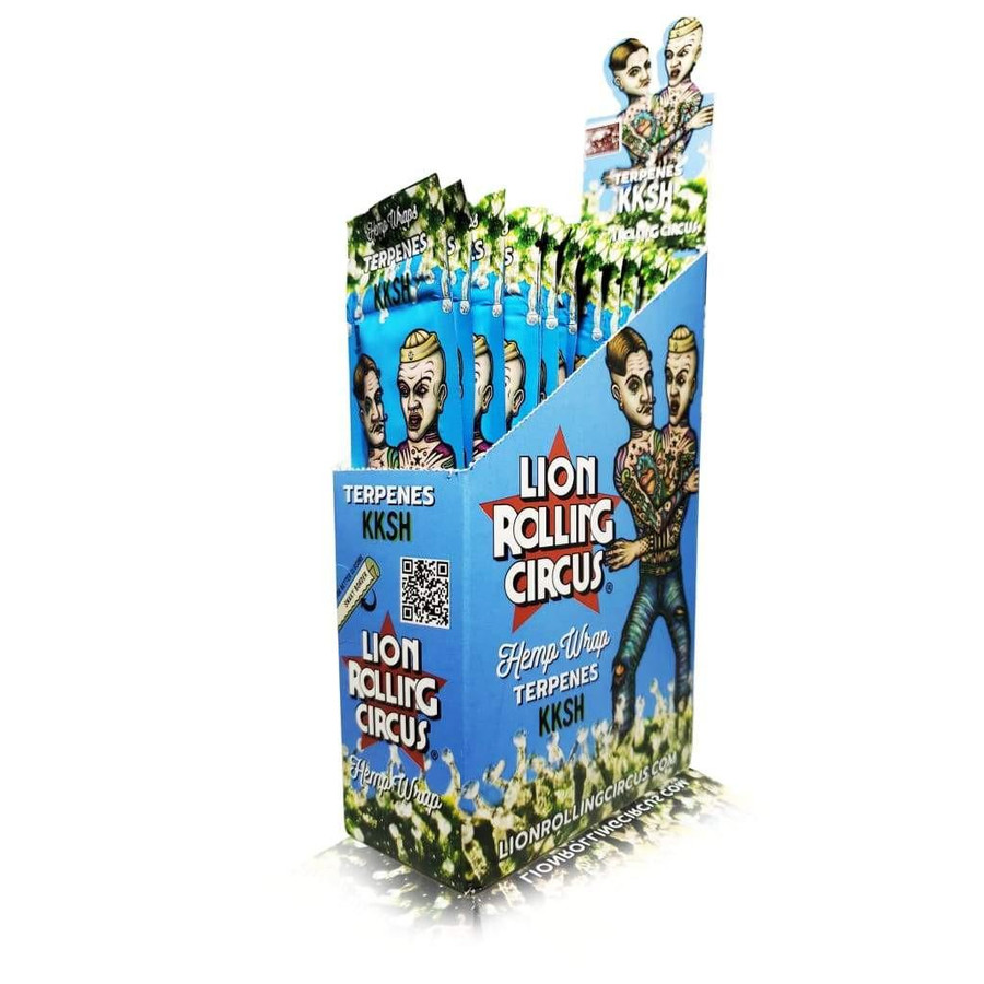 Lion Rolling Circus Hemp Wraps Terpene Infused KKSH, colorful packaging with cartoon-style characters and product branding visible on the box. Lion Rolling Circus Hemp Wraps Terpene Infused KKSH, colorful packaging with cartoon-style characters and product branding visible on the box.