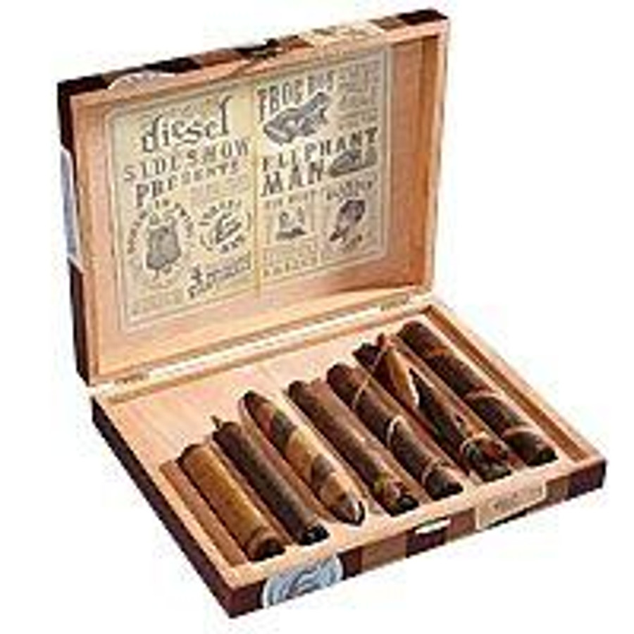 AJ Fernandez Diesel Sideshow Cigars Sampler 7Ct, open wooden box showcasing seven cigars with detailed cigar band designs inside