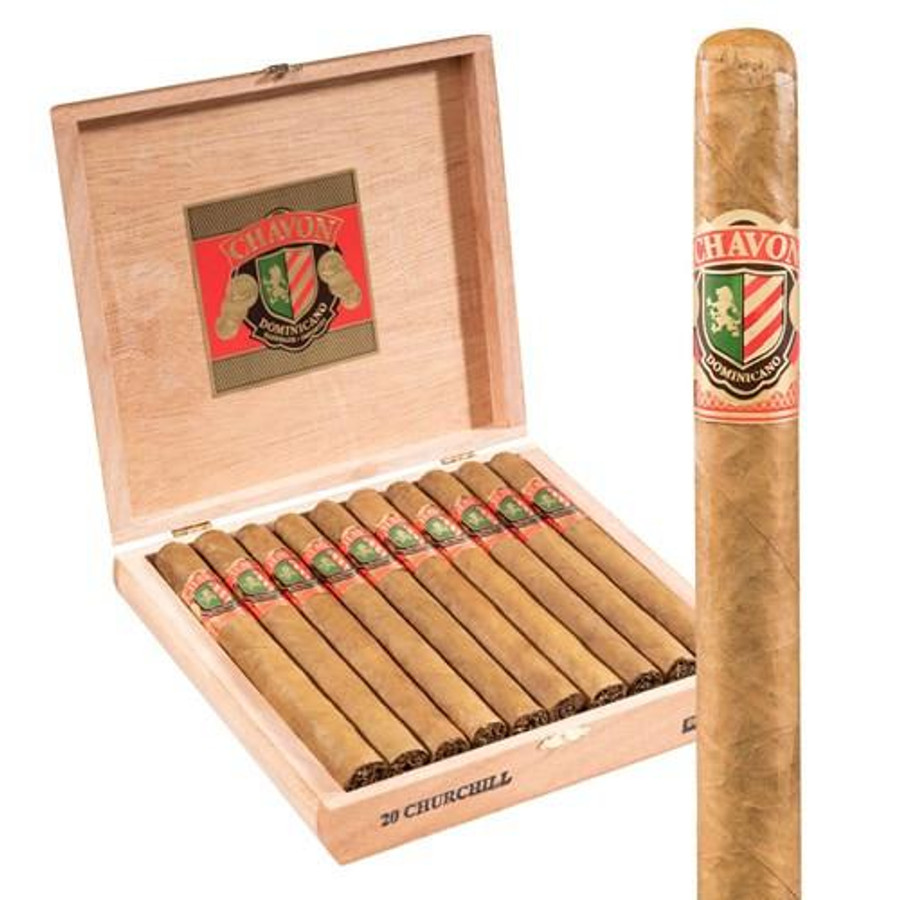 Chavon Connecticut Churchill Cigars 20Ct. Box, a wooden cigar box filled with 20 cigars featuring a red and green label.