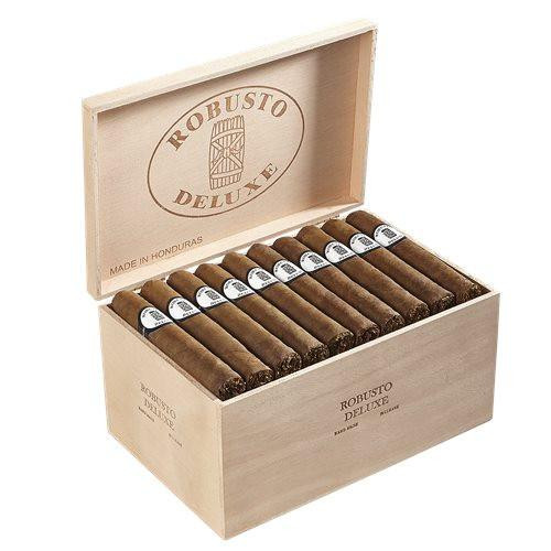 Churchill Deluxe by Caribe Robusto Cigars 50Ct. Box, open wooden cigar box with 50 cigars neatly arranged inside and branding on the lid and front.