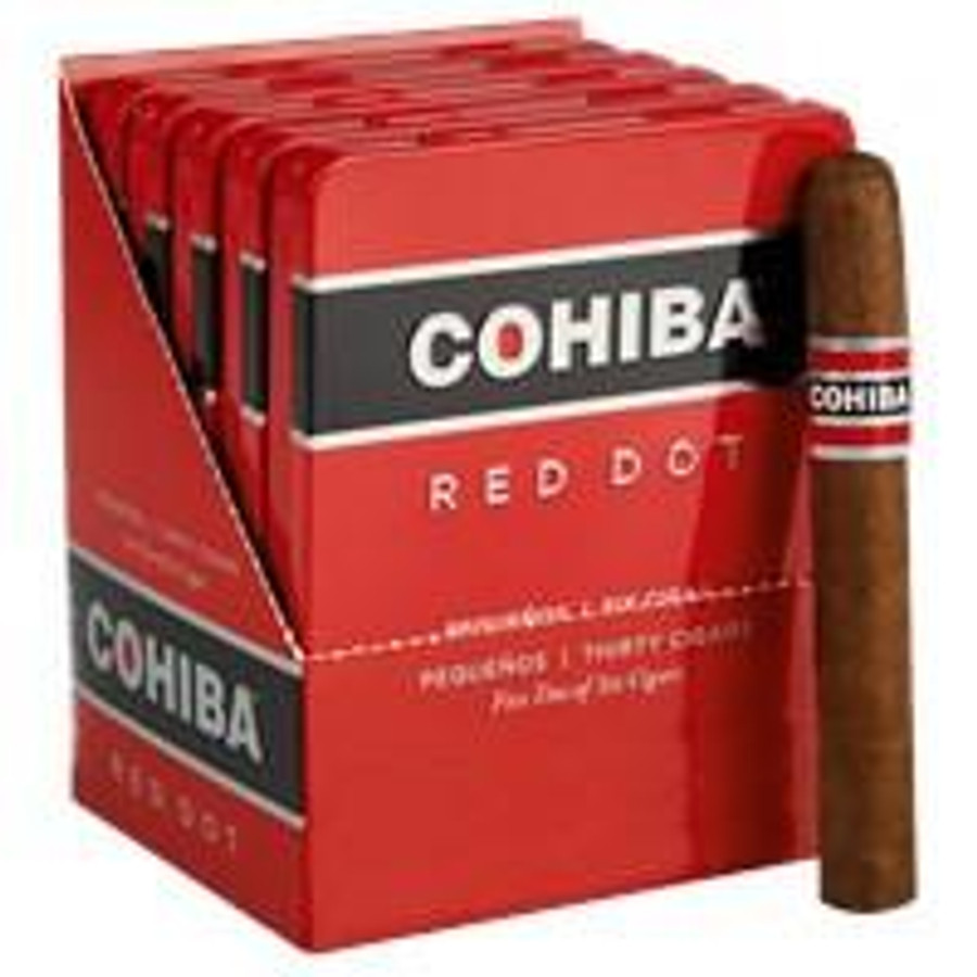 General Cigar Cohiba Red Dot Pequenos Cigars 30Ct. Pack, featuring a row of cigars in red packaging with Cohiba branding and a single cigar displayed beside the pack.