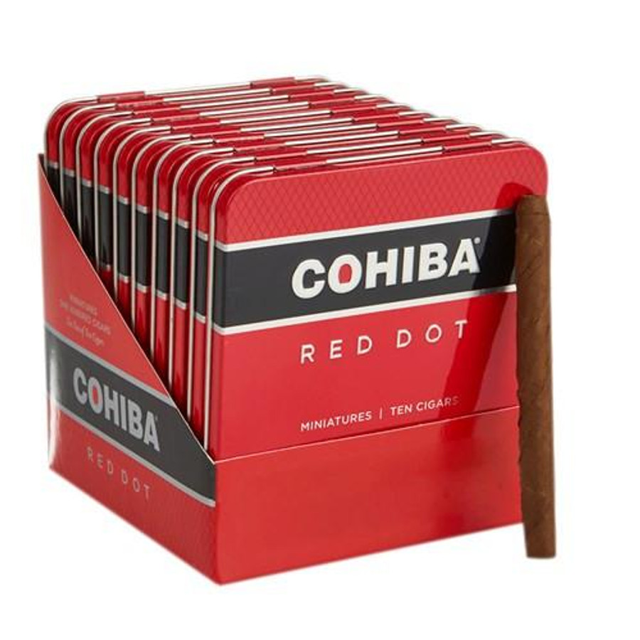 General Cigar Cohiba Red Dot Mini Tins Cigars 100Ct, red tin boxes with ten cigars each showing the Cohiba logo and red packaging.
