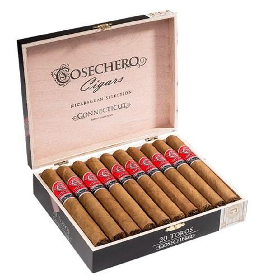 Cosechero Connecticut Toro Cigars 20Ct.Box, open cigar box displaying 20 wrapped cigars with red bands inside a wooden box. Cosechero Connecticut Toro Cigars 20Ct.Box, open cigar box displaying 20 wrapped cigars with red bands inside a wooden box.