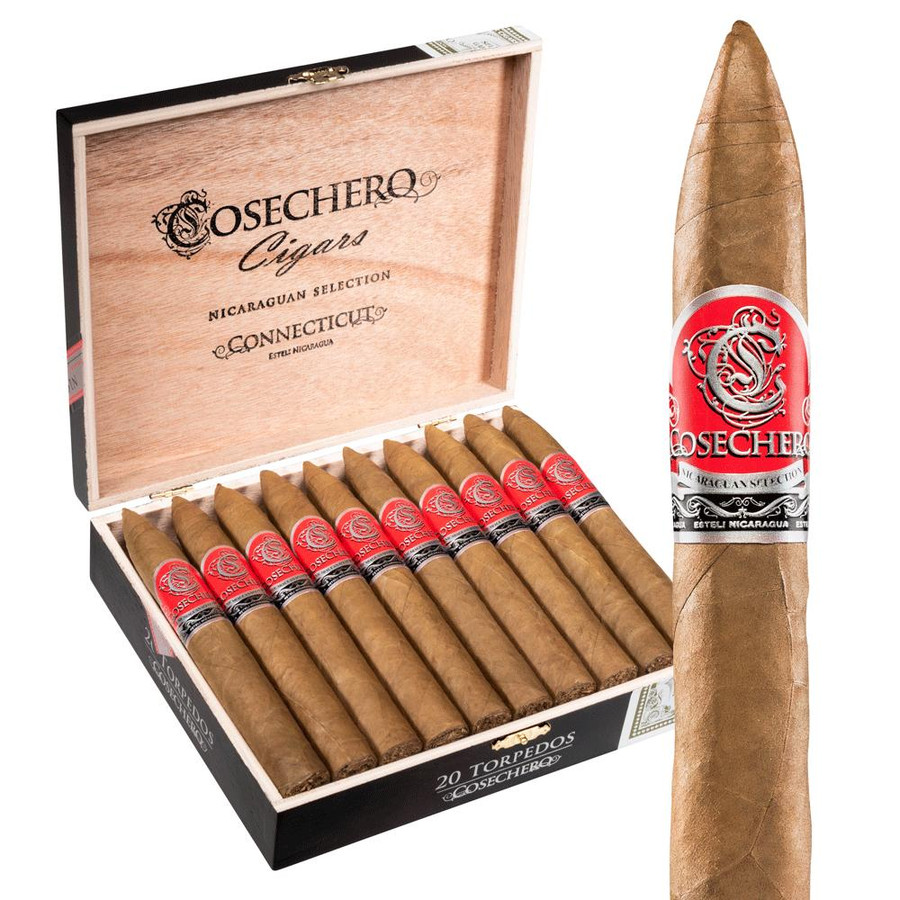 Cosechero Connecticut Torpedo Cigars 20Ct. Box, featuring a wooden cigar box containing twenty cigars with a close-up of a single torpedo-shaped cigar showing its band.