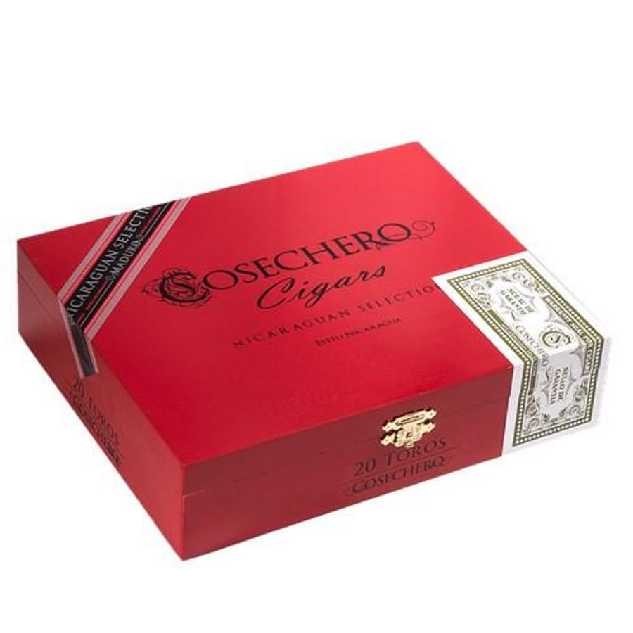 Cosechero Maduro Toro Cigars 50 Ct. Box, a rectangular red cigar box with black and gold lettering, featuring a cow logo and a small dollar bill graphic, designed for premium cigar packaging.