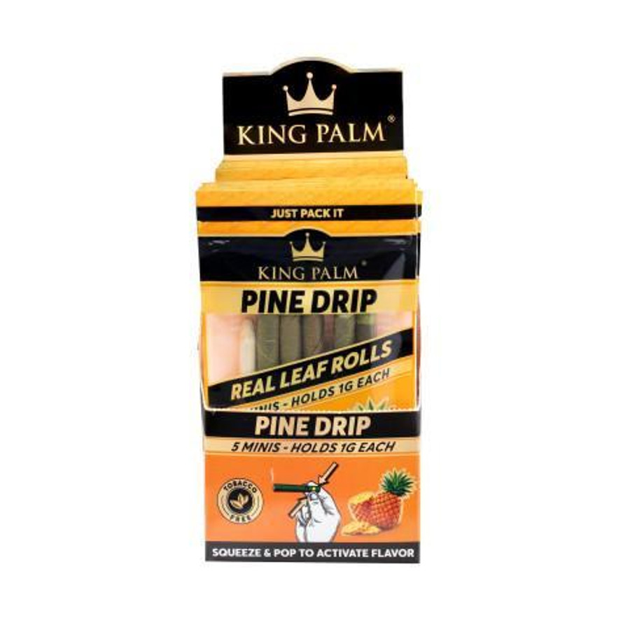 King Palm Mini Rolls 15/5PK Pine Drip, packaging with multiple mini leaf rolls and pineapple flavor images. King Palm Mini Rolls 15/5PK Pine Drip, packaging with multiple mini leaf rolls and pineapple flavor images.