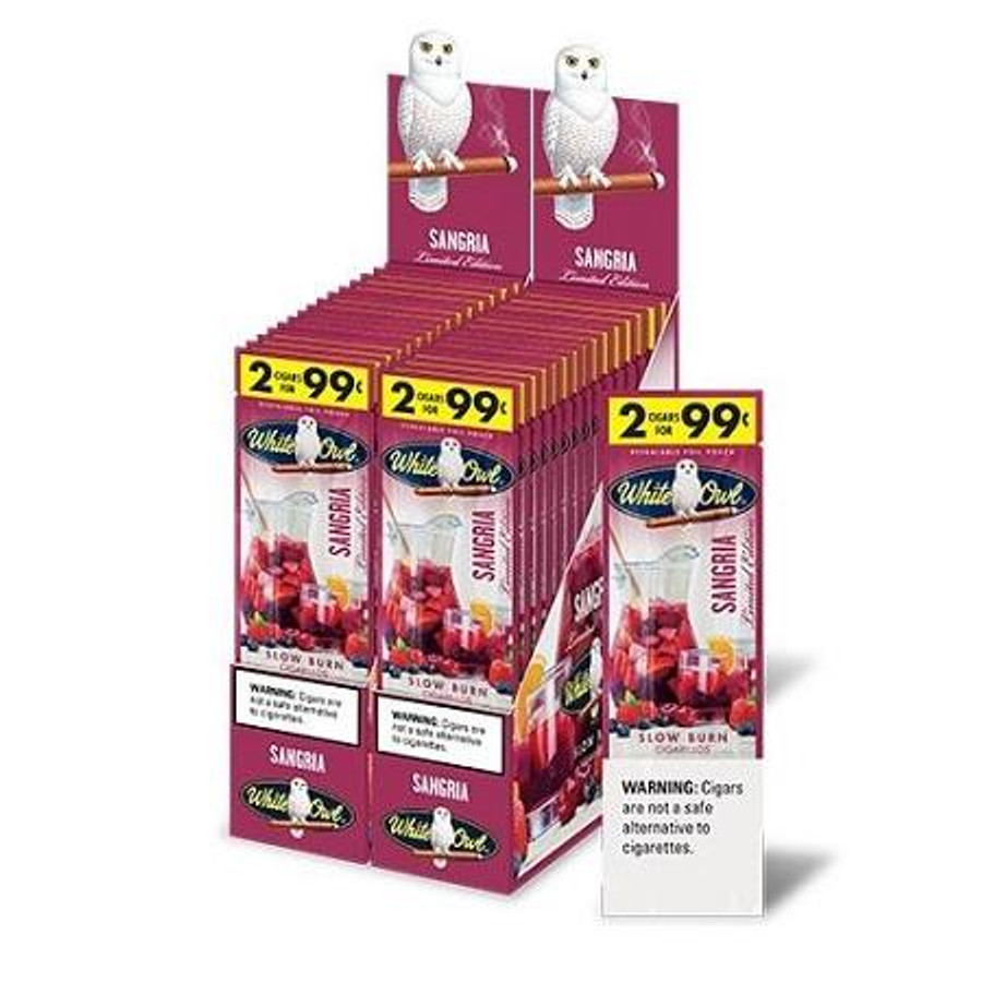 Swedish Match White Owl Cigarillos Pairs White Peach Sangria, display of 30 pouches of cigarillos in colorful packaging with a white owl logo and sangria flavor theme.