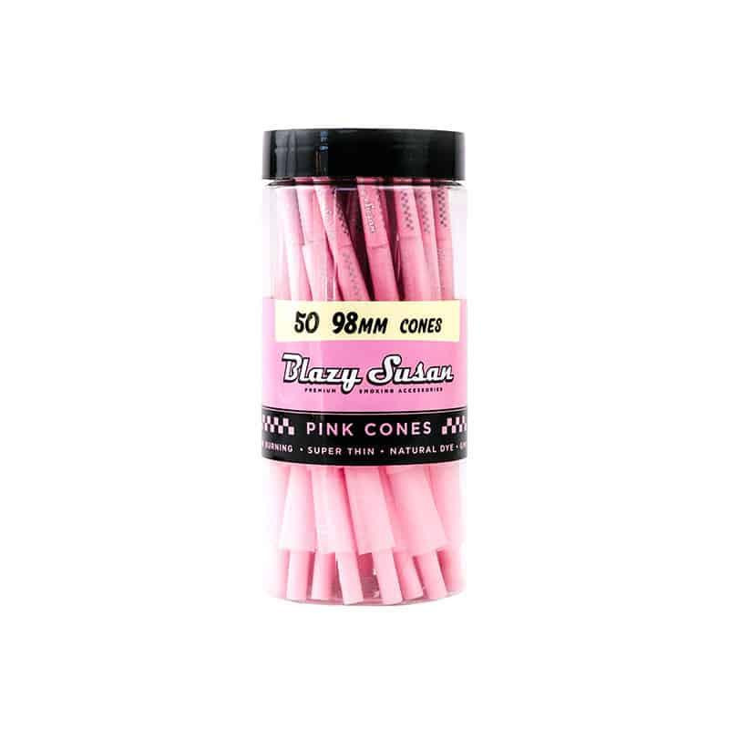 Blazy Susan 98Mm Pre-Roll Cone 50Ct Jar, pink colored pre-rolled cones in a clear plastic jar with a black lid display. The label highlights the product features and quantity.