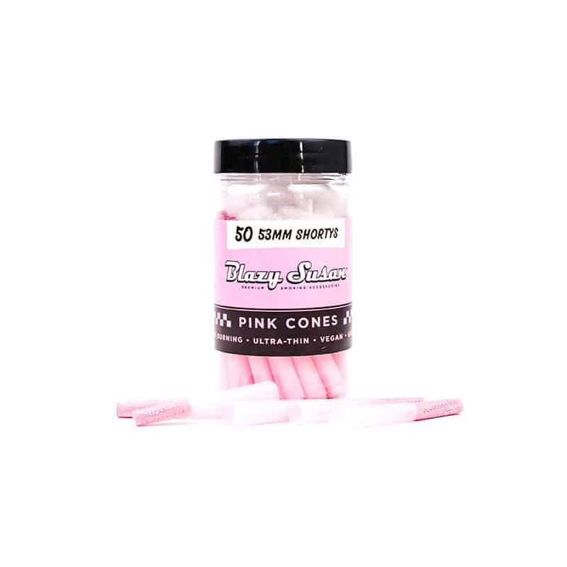Blazy Susan 53MM Pre-Roll Cone 50Ct Jar, pink cones in a clear jar with black lid and label, designed for rolling cannabis.