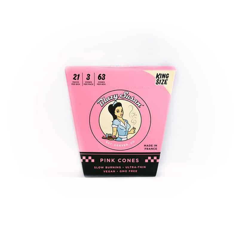 Blazy Susan King Size Pre-Roll Cone 21 Packs Per Box, pink packaging with cartoon woman illustration and product details.