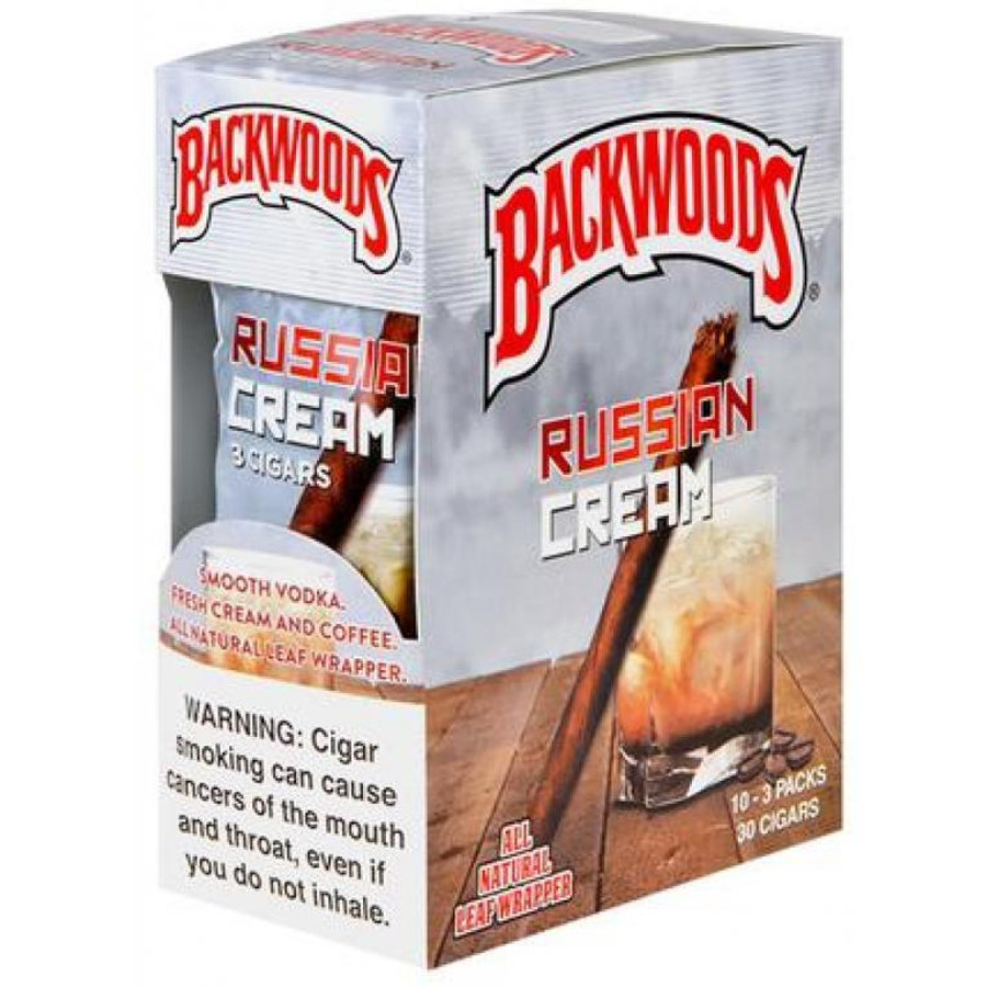 Backwoods Russian Cream Cigars 10 Packs of 3, product packaging with cigar and glass of cream drink on wood surface. Backwoods Russian Cream Cigars 10 Packs of 3, product packaging with cigar and glass of cream drink on wood surface.