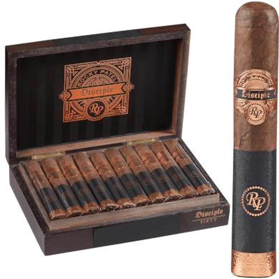 Rocky Patel Disciple Cigars, opened wooden cigar box containing multiple cigars with the Rocky Patel logo and branding on the cigar band and box interior.