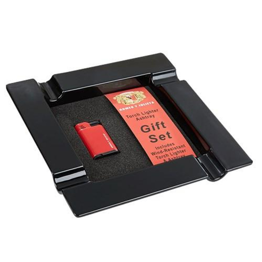 Quality Importers Humidors Romeo Y Julieta Attache Gift Set, compact black humidor box with a red lighter and gift card inside.
