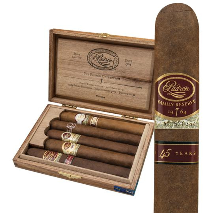 Padron Cigars Collection Natural Sampler 5Ct, wooden cigar box with five cigars inside and one cigar displayed outside, featuring branding labels and a textured brown wrapper.