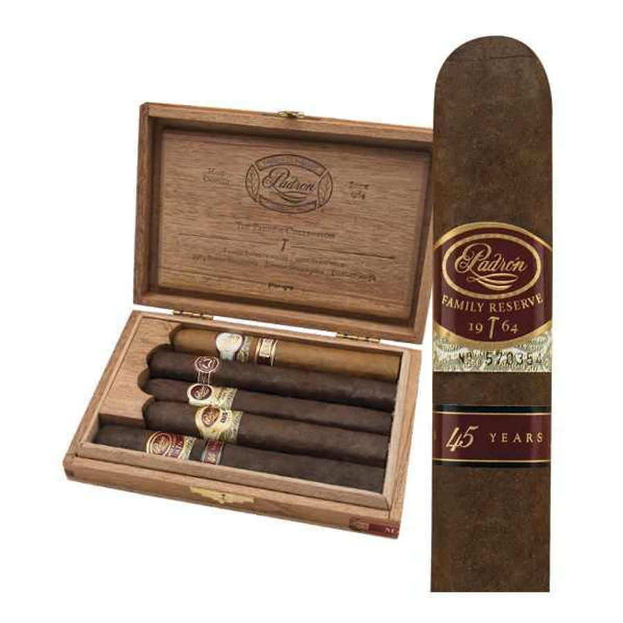 Padron Cigars 1926 Maduro Sampler 4Ct, wooden cigar box with four cigars and a singular cigar with band, close-up of the cigar with band.