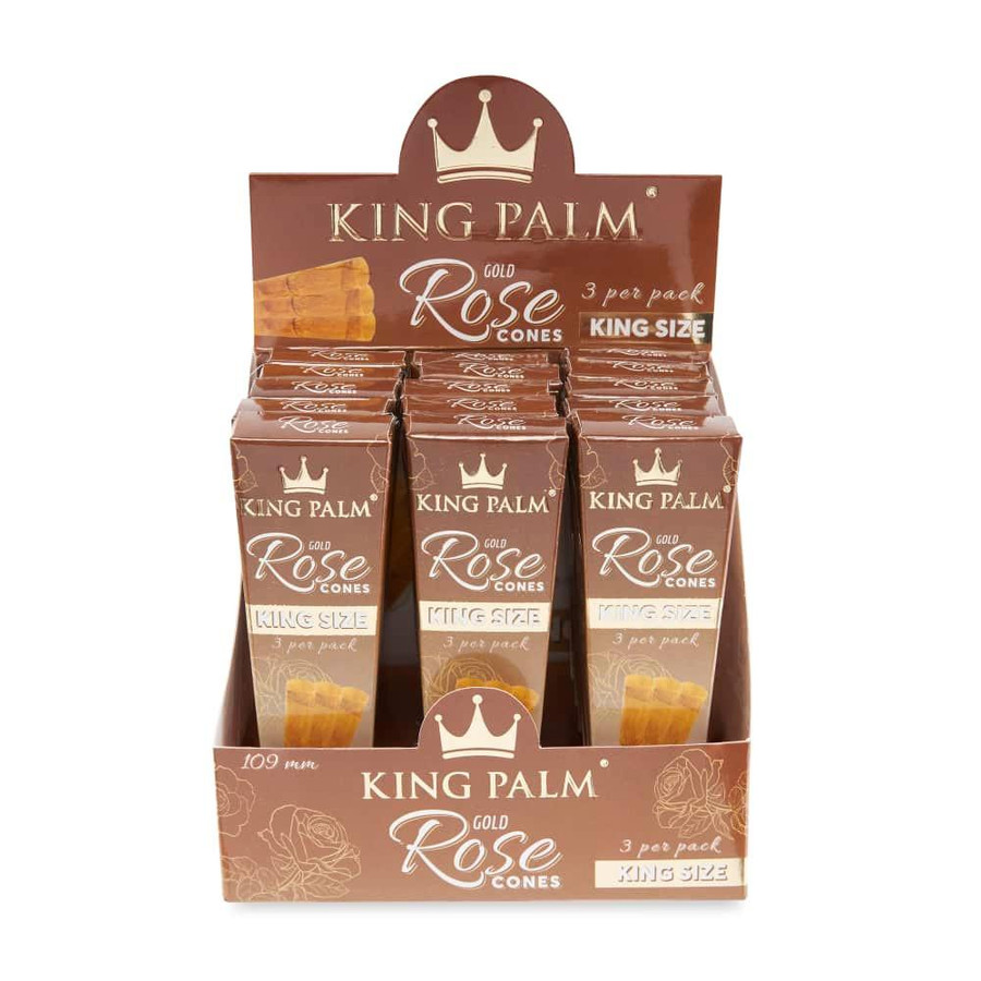 King Palm Rose Petal Gold Cones King Size 15/3 Ct, display of packaged natural rolling cones with rose petal flavor in a cardboard box.