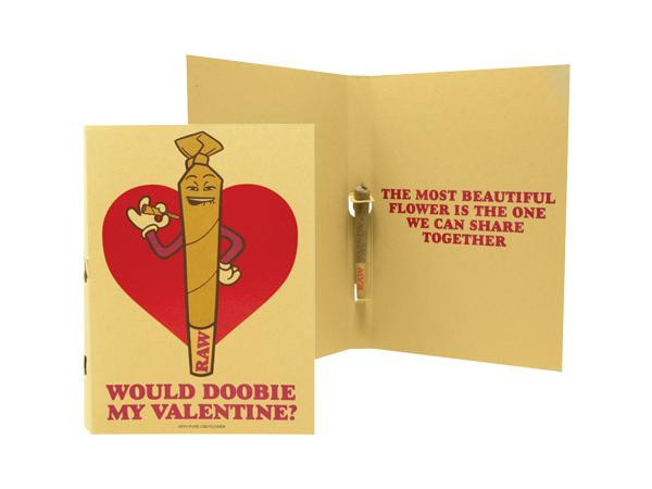 RAW Valentine Card, cheerful cartoon-style illustration of a smiling joint character with a heart background and romantic message inside.