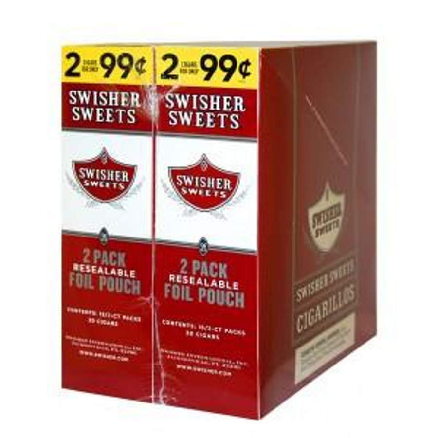 Swisher International Swisher Sweets Cigarillos Foil Regular 30 Pouches of 2, retail display box showing two packs of cigarillos in foil pouches.