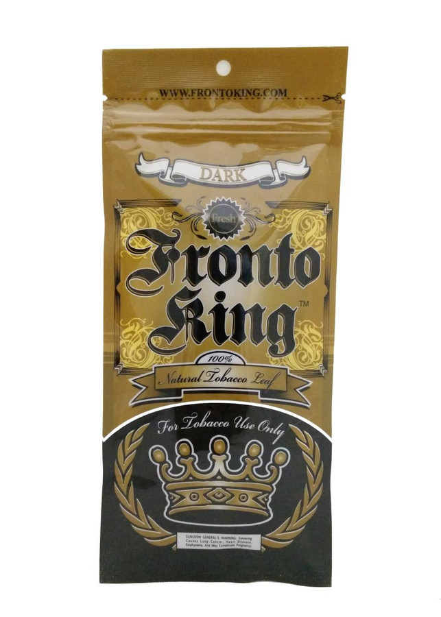 Fronto Leaf Fronto King Natural Tobacco Leaf Chocolate, packaging of dark tobacco leaves with a gold and black design, crown illustration, and warning label.