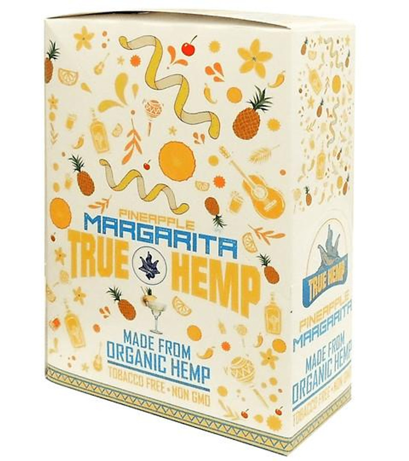 True Hemp Wraps Pineapple Margarita 25/2, colorful packaging box with pineapple, margarita glass, lemon slices, guitar, and tropical themed illustrations.