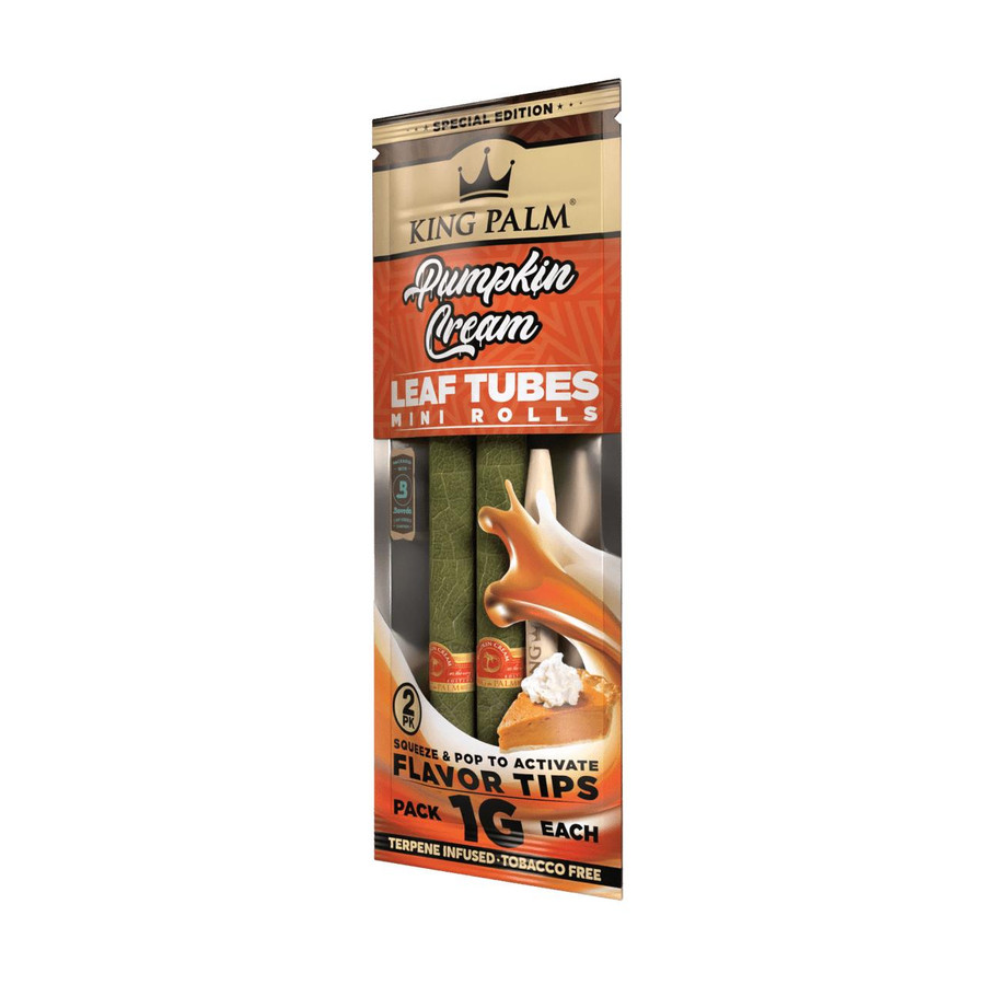 King Palm Wraps King Palm Pumpkin Cream Minis Rolls 20/2Pk, showing a tall, rectangular box with green leaf tubes inside and flavor tips for activation.