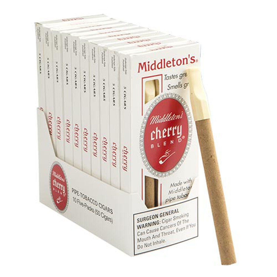 John Middleton Cherry Blend Black & Mild Cigars Pack, showing a box of 10 flavored pipe tobacco cigars with cherry flavor and a single cigar outside the pack. John Middleton Cherry Blend Black & Mild Cigars Pack, showing a box of 10 flavored pipe tobacco cigars with cherry flavor and a single cigar outside the pack.