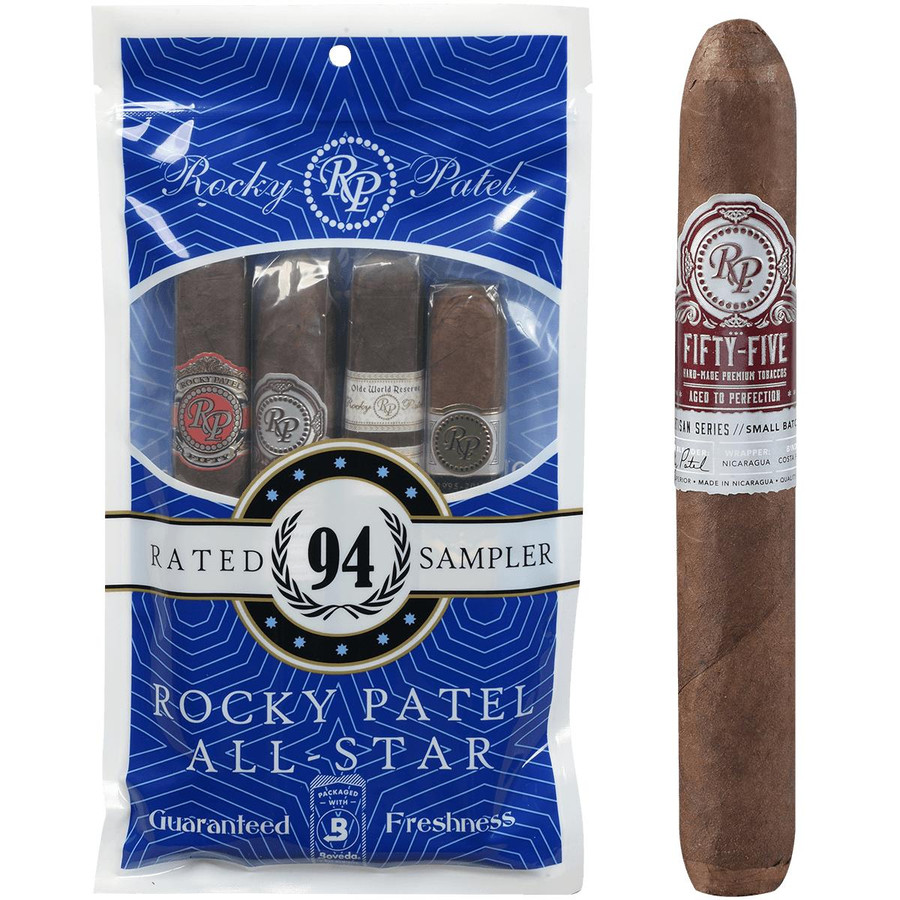 Rocky Patel All Star Toro Cigars Sampler 4 Fresh Pack, a collection of four cigars in a blue and white package with the Rocky Patel logo and rated 94, next to a single Rocky Patel Fifty-Five cigar with a red and white band. Rocky Patel All Star Toro Cigars Sampler 4 Fresh Pack, a collection of four cigars in a blue and white package with the Rocky Patel logo and rated 94, next to a single Rocky Patel Fifty-Five cigar with a red and white band.