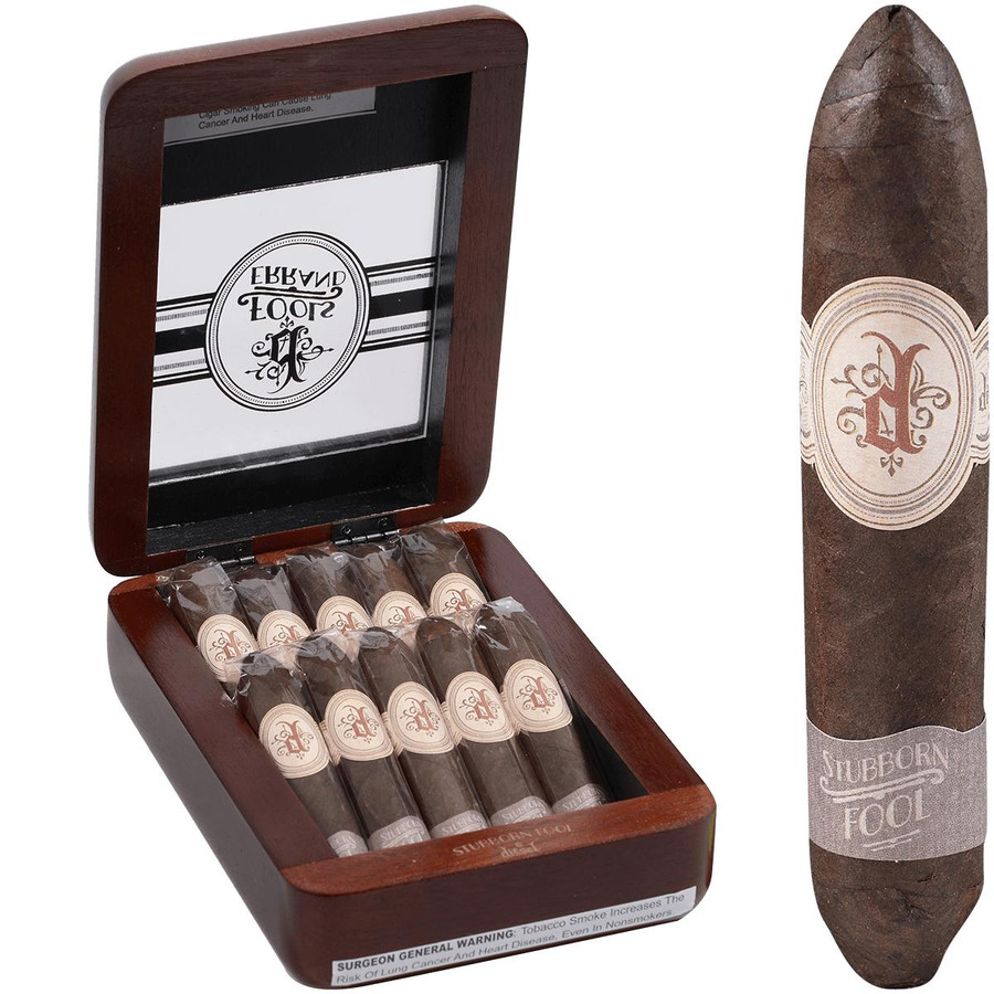 Diesel Fools Errand Stubborn Fool 10Ct Cigars, a wooden box containing ten individually wrapped cigars with a logo label, with a close-up of a single cigar outside the box showing its dark brown wrapper and branded band.