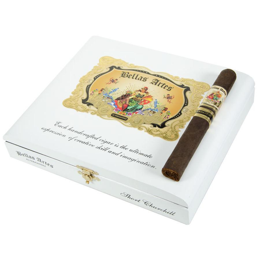 Bellas Artes Maduro by AJ Fernandez Short Churchill Cigars 20Ct. Box, featuring a white decorative box with colorful artwork and a single cigar displayed on top.