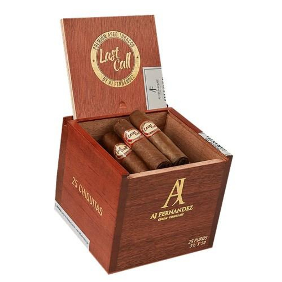 AJ Fernandez Last Call Habano by AJ Fernandez Chiquitas Cigars 25Ct. Box, a set of premium cigars in a stylish wooden box with the AJ Fernandez logo and branding, ideal for cigar enthusiasts.