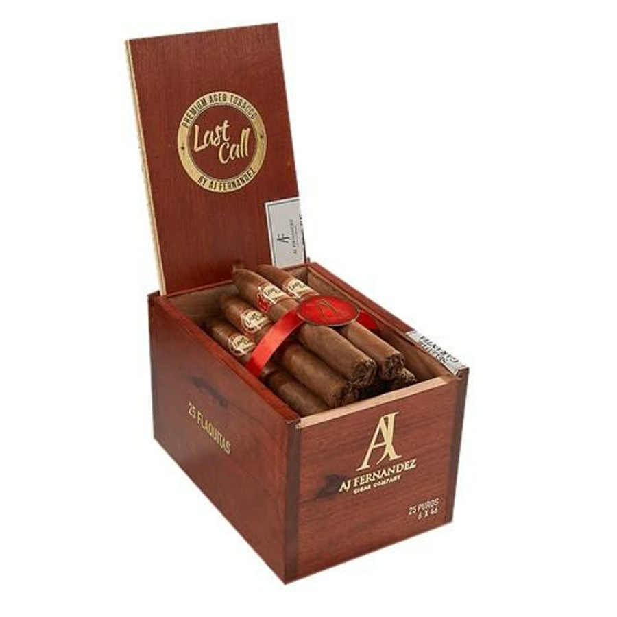 AJ Fernandez Last Call Habano by AJ Fernandez Flaquitas Cigars 25Ct. Box, a wooden cigar box containing 25 cigars with a ribbon, branded with AJ Fernandez logo and Last Call design, open to show cigars inside.