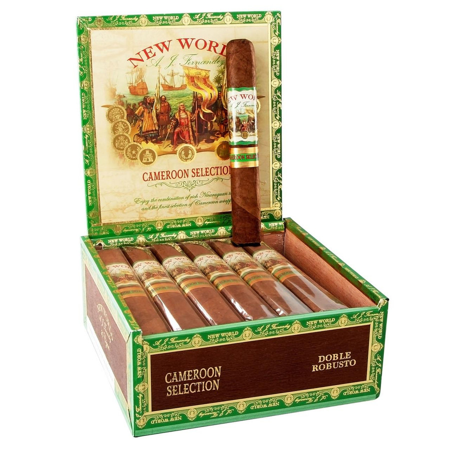 AJ Fernandez New World Cameroon by AJ Fernandez Doble Robusto Cigars 20Ct. Box, a green and brown cigar box with artwork and cigars displayed inside.