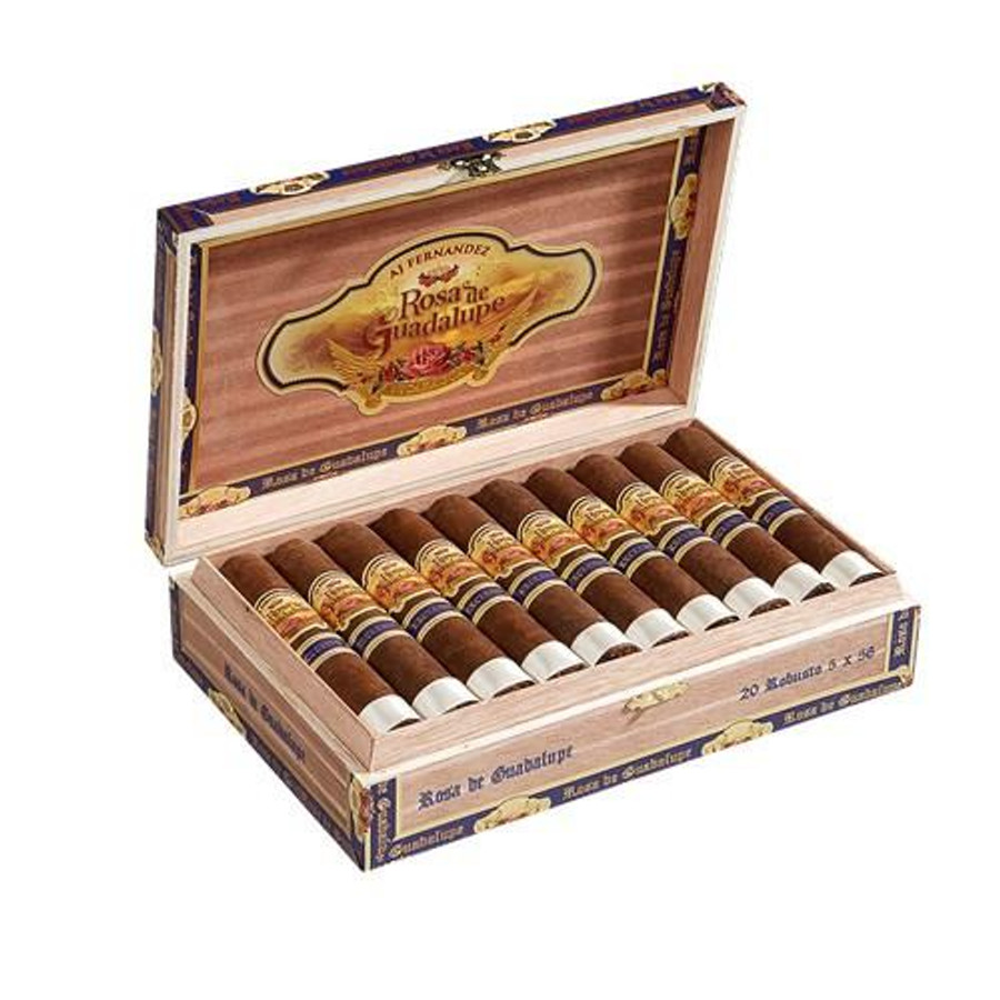AJ Fernandez Rosa de Guadalupe by AJ Fernandez Robusto Cigars 20Ct. Box, open cigar box showing 20 cigars inside.