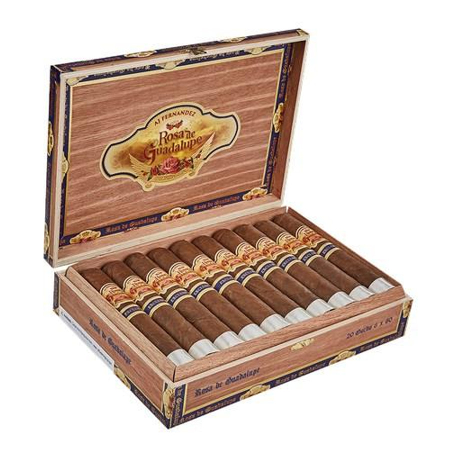 AJ Fernandez Rosa de Guadalupe by AJ Fernandez Gordo Cigars 20Ct. Box, open wooden cigar box filled with 20 cigars featuring branded bands.