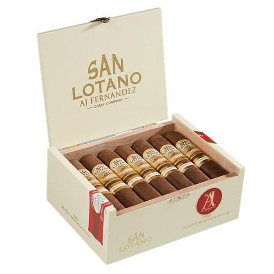 AJ Fernandez San Lotano Oval Petite Robusto Cigars 20Ct. Box, an open white cigar box displaying 20 cigars with brown wrappers and gold and white bands, inside a presentation box with branding and red accents. AJ Fernandez San Lotano Oval Petite Robusto Cigars 20Ct. Box, an open white cigar box displaying 20 cigars with brown wrappers and gold and white bands, inside a presentation box with branding and red accents.