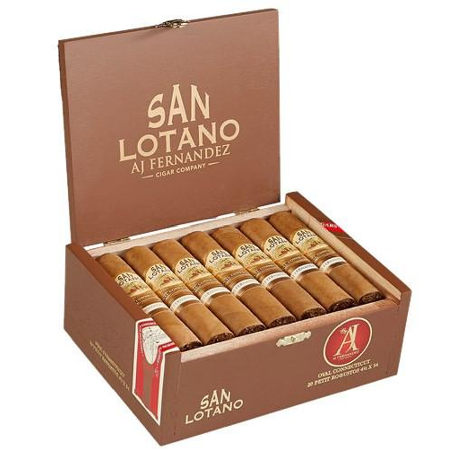 AJ Fernandez San Lotano Oval Connecticut Robusto Cigars 20Ct. Box, open box showcasing neatly arranged cigars with light brown wrappers and gold labels inside a brown wooden box.